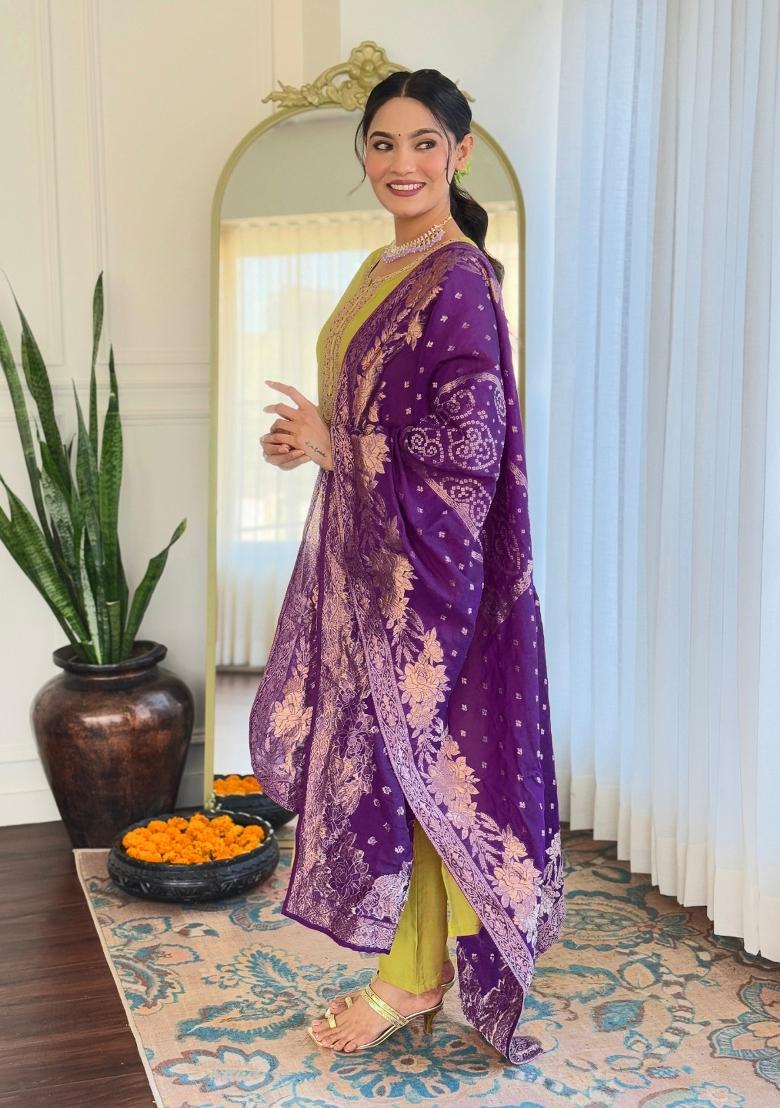 Lime Green Embroidered Viscose Salwar Kameez With Dupatta