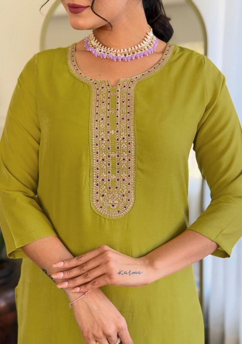 Lime Green Embroidered Viscose Salwar Kameez With Dupatta