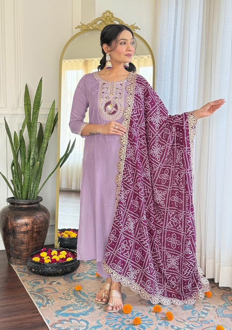 Lavender Embroidered Viscose Salwar Kameez With Dupatta