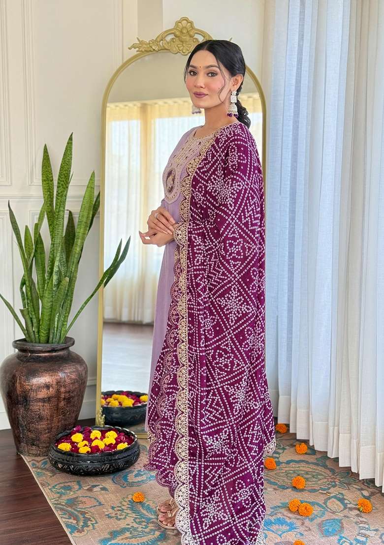 Lavender Embroidered Viscose Salwar Kameez With Dupatta - Indya