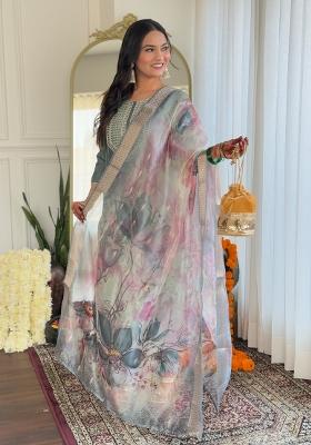 Pista Green Embroidered Viscose Salwar Kameez With Dupatta