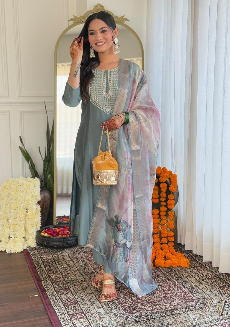 Pista Green Embroidered Viscose Salwar Kameez With Dupatta