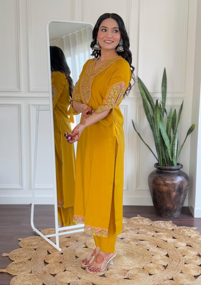 Mustard Yellow Thread Work Viscose Salwar Kameez With Dupatta