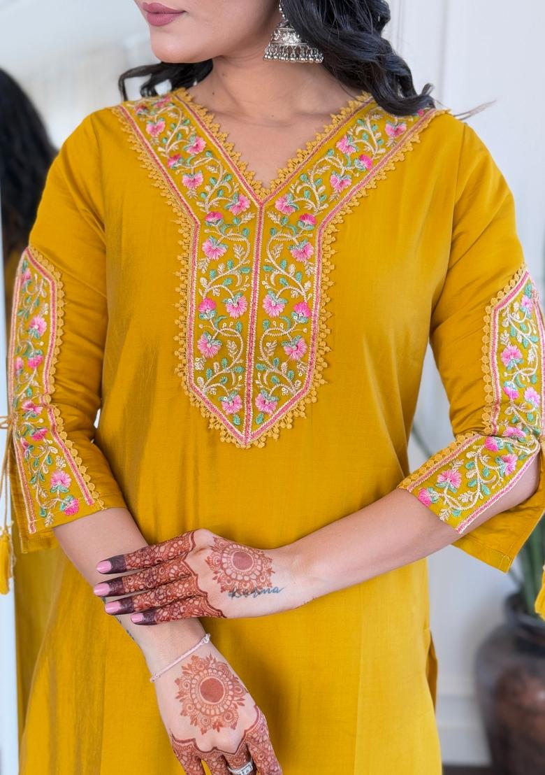 Mustard Yellow Thread Work Viscose Salwar Kameez With Dupatta