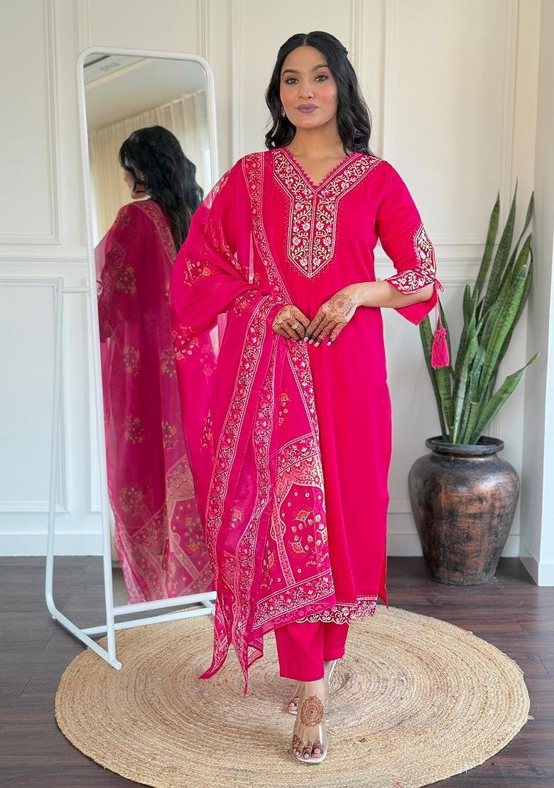 Rani Pink Thread Work Viscose Salwar Kameez With Dupatta