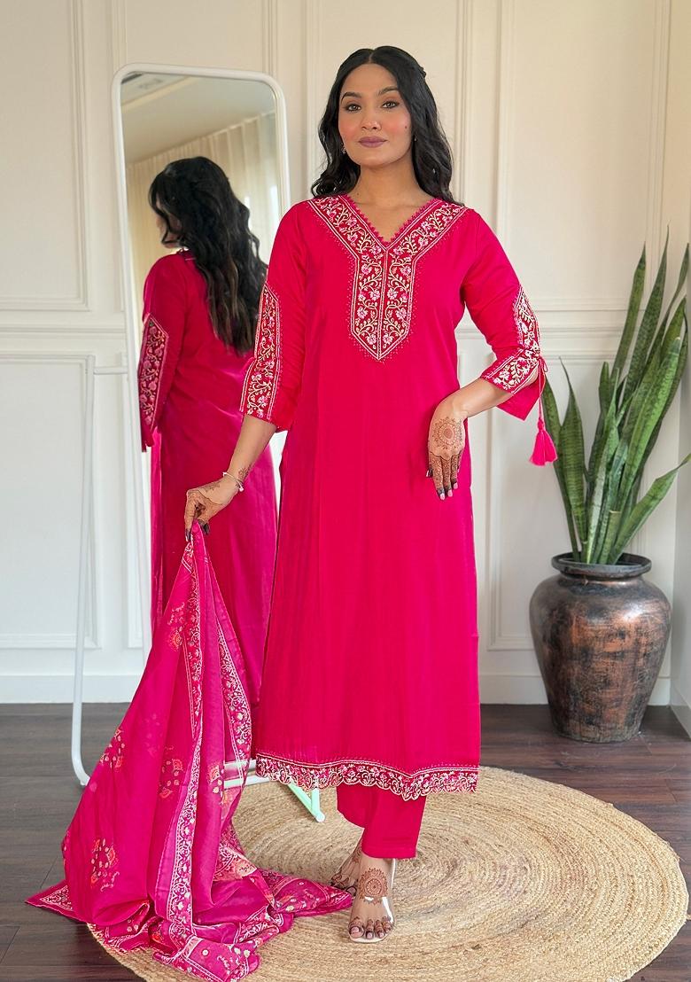Rani Pink Thread Work Viscose Salwar Kameez With Dupatta