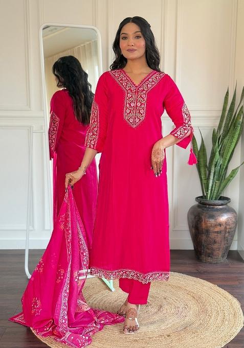 Rani Pink Thread Work Viscose Salwar Kameez With Dupatta