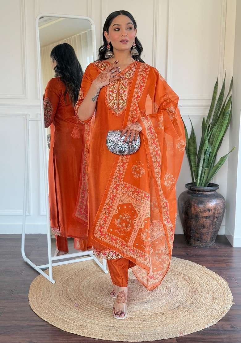 Orange Printed Viscose Pakistani Suit Set - Indya