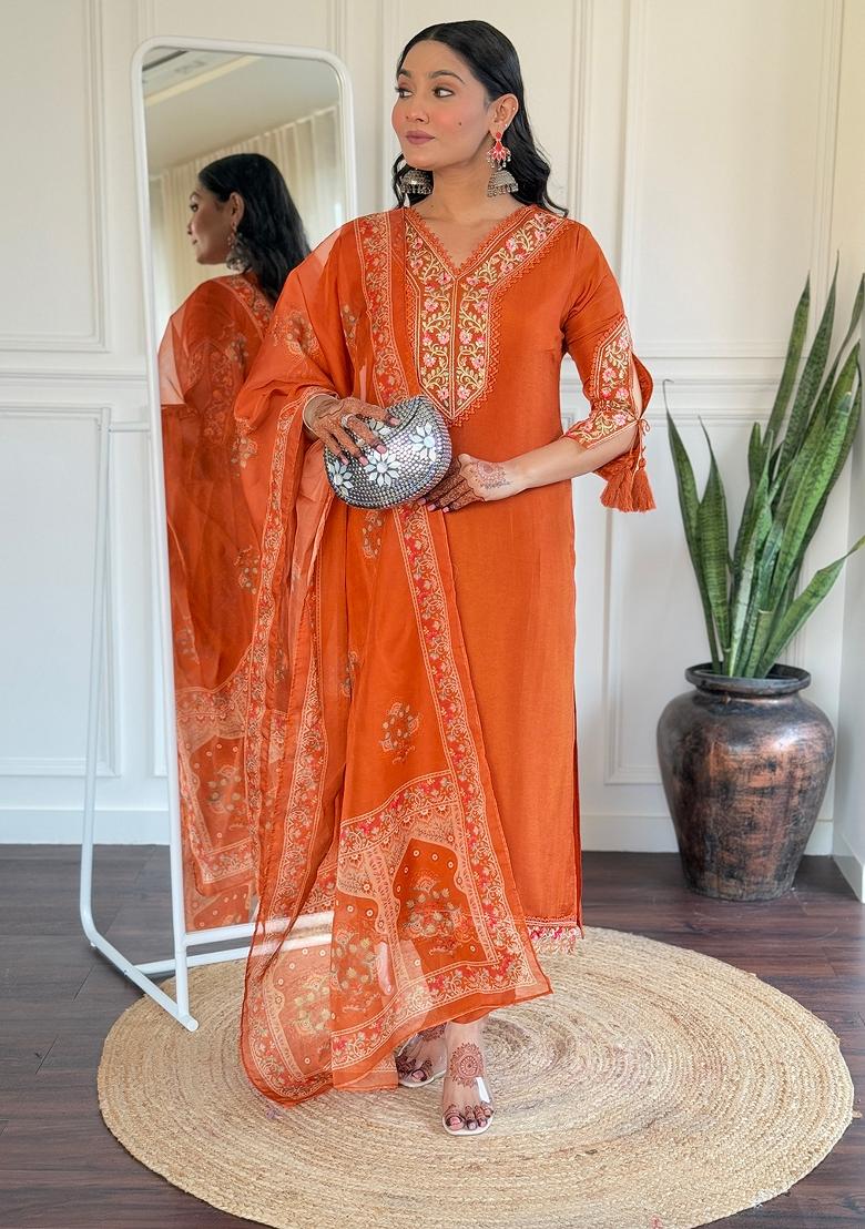 Orange Thread Work Viscose Salwar Kameez With Dupatta