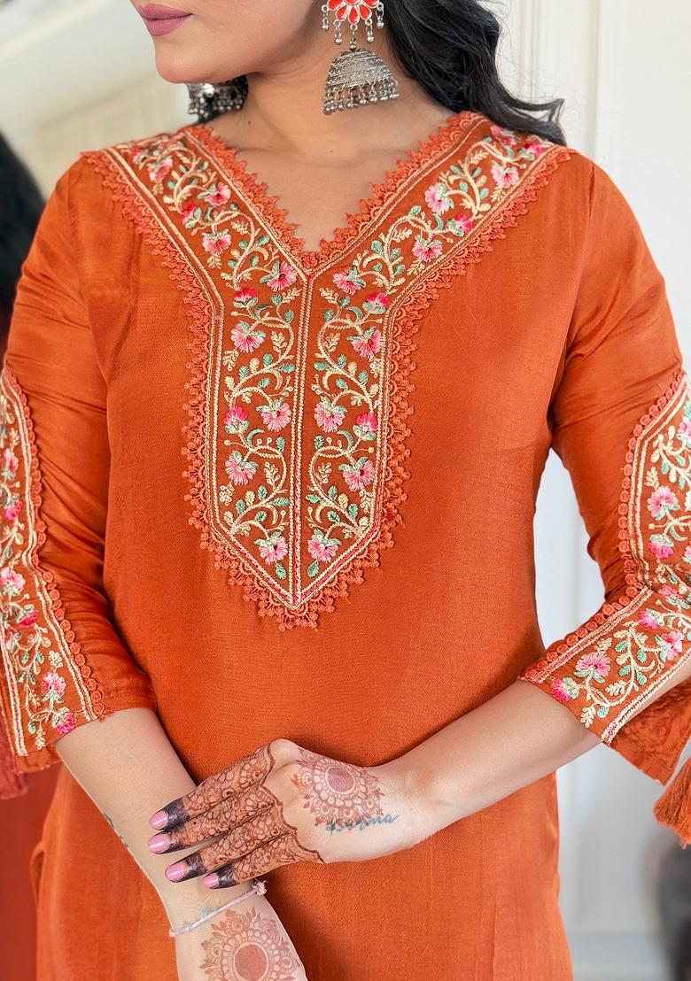 Orange Thread Work Viscose Salwar Kameez With Dupatta