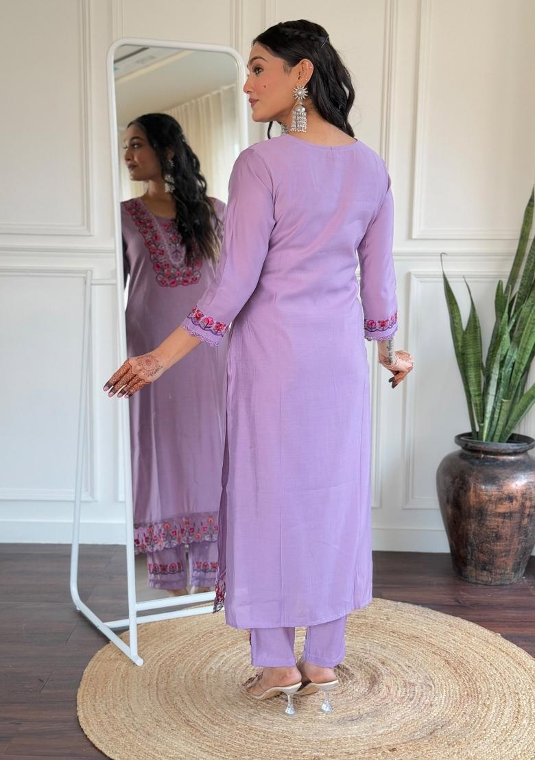 Lavender Thread Work Viscose Salwar Kameez With Dupatta