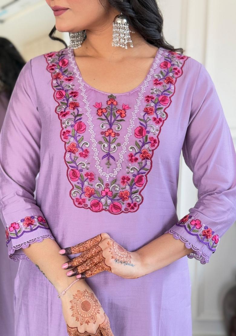 Lavender Thread Work Viscose Salwar Kameez With Dupatta