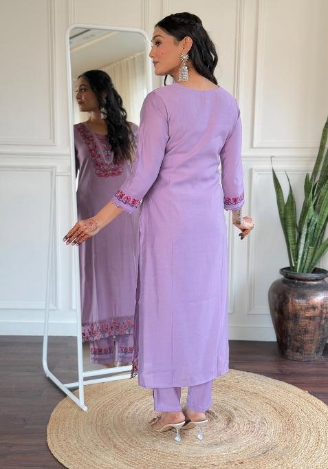 Lavender Thread Work Viscose Salwar Kameez With Dupatta
