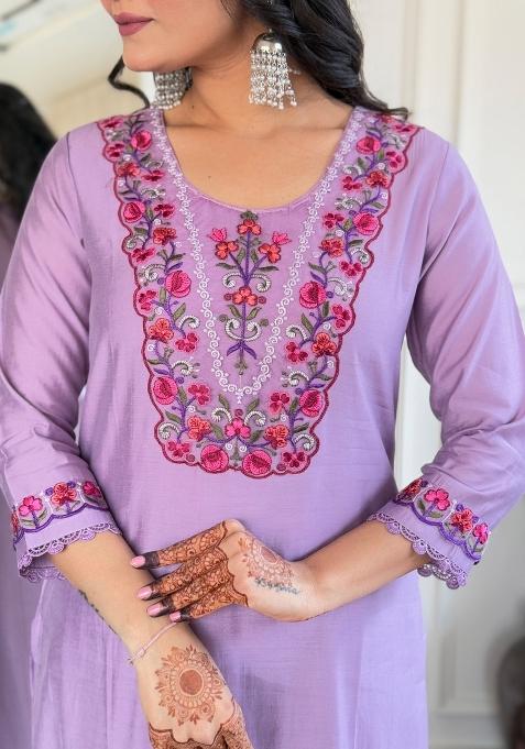 Lavender Thread Work Viscose Salwar Kameez With Dupatta