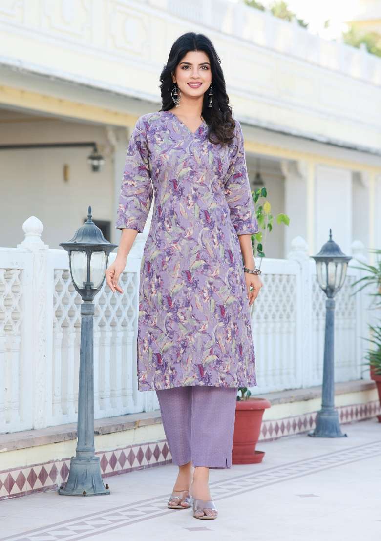 Purple Floral Print Cotton Straight Kurta Set - Indya