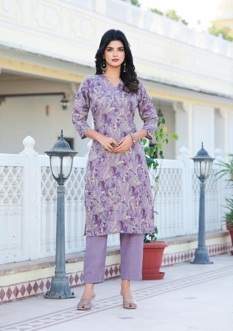 Purple Printed Cotton Salwar Kameez With Dupatta