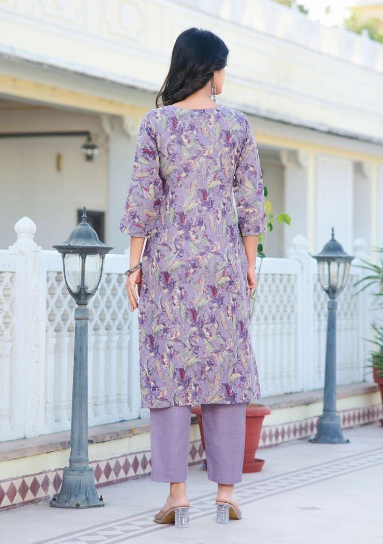 Purple Floral Print Cotton Straight Kurta Set - Indya