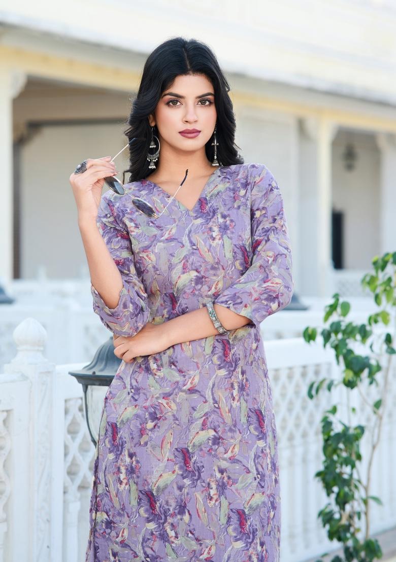 Purple Printed Cotton Salwar Kameez With Dupatta