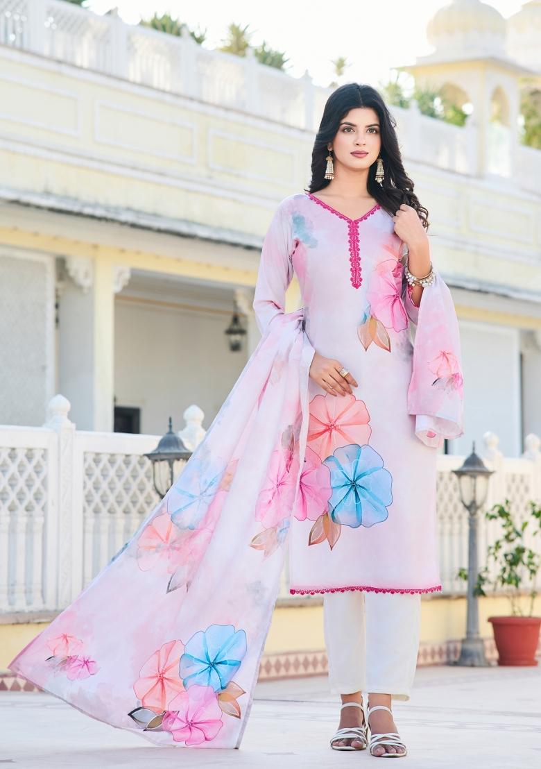Pink Printed Cotton Salwar Kameez With Dupatta