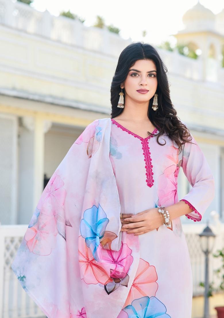 Pink Printed Cotton Salwar Kameez With Dupatta