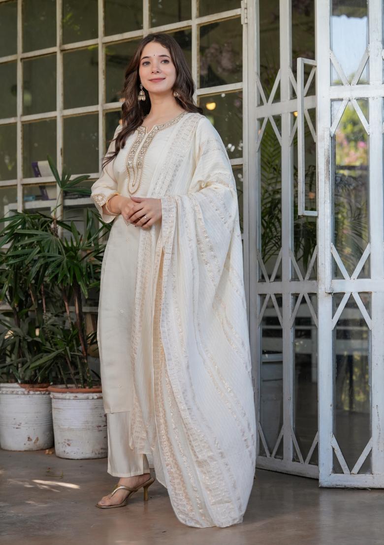 White Embroidered Viscose Salwar Kameez With Dupatta