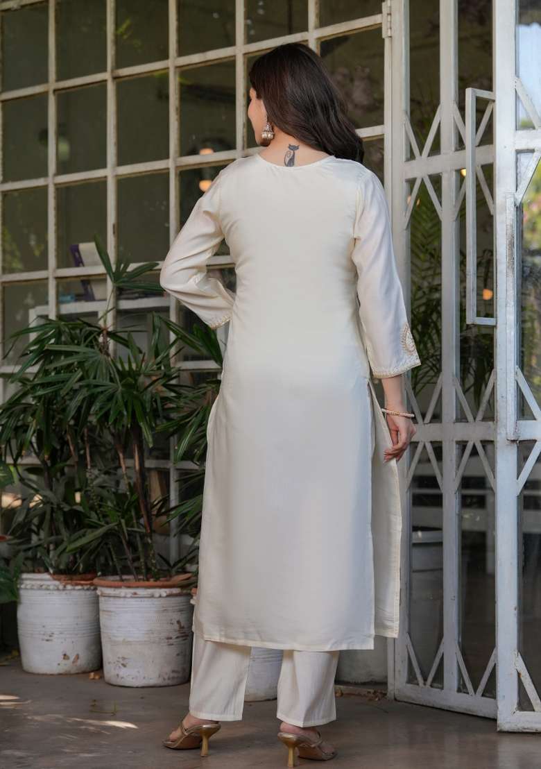 White Embroidered Viscose Straight Kurta Set - Indya