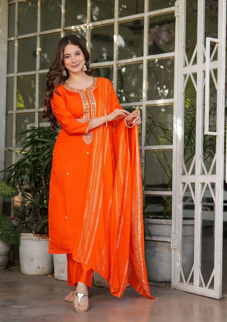 Orange Embroidered Viscose Straight Kurta Set - Indya