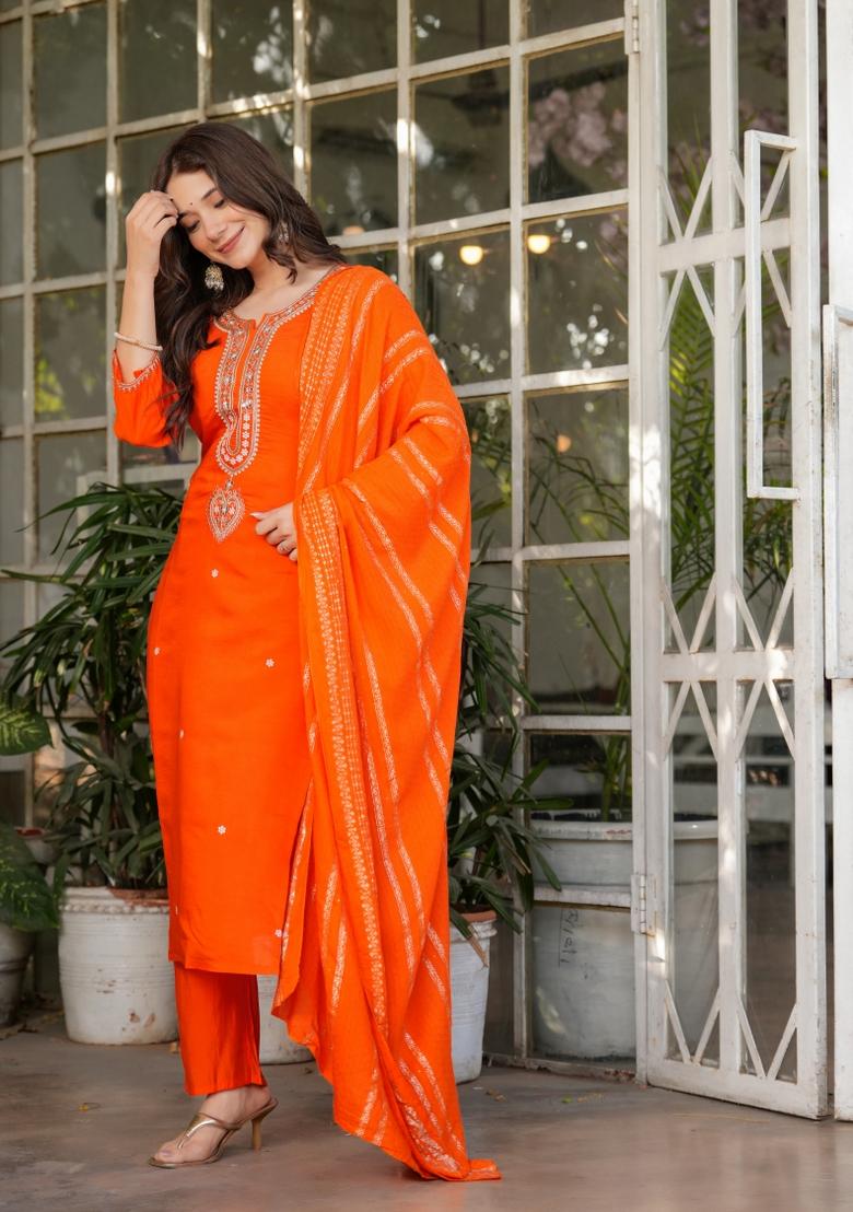 Orange Embroidered Viscose Salwar Kameez With Dupatta