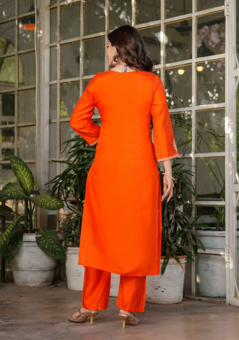 Orange Embroidered Viscose Straight Kurta Set - Indya