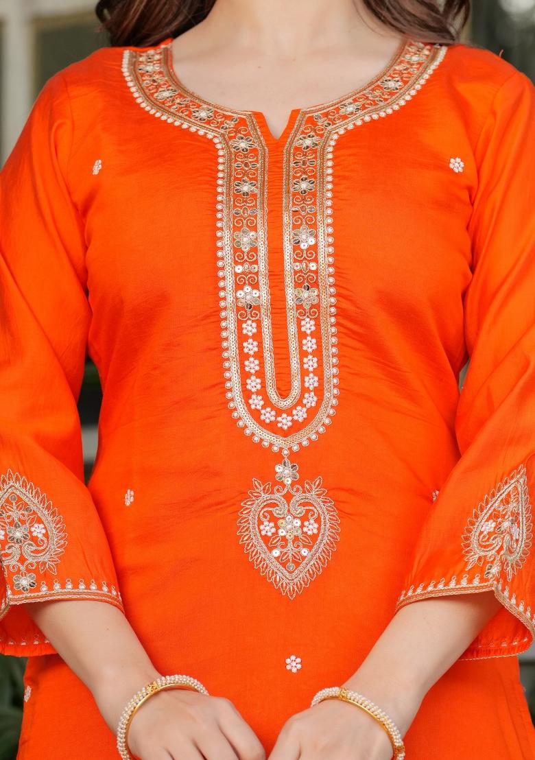 Orange Embroidered Viscose Salwar Kameez With Dupatta