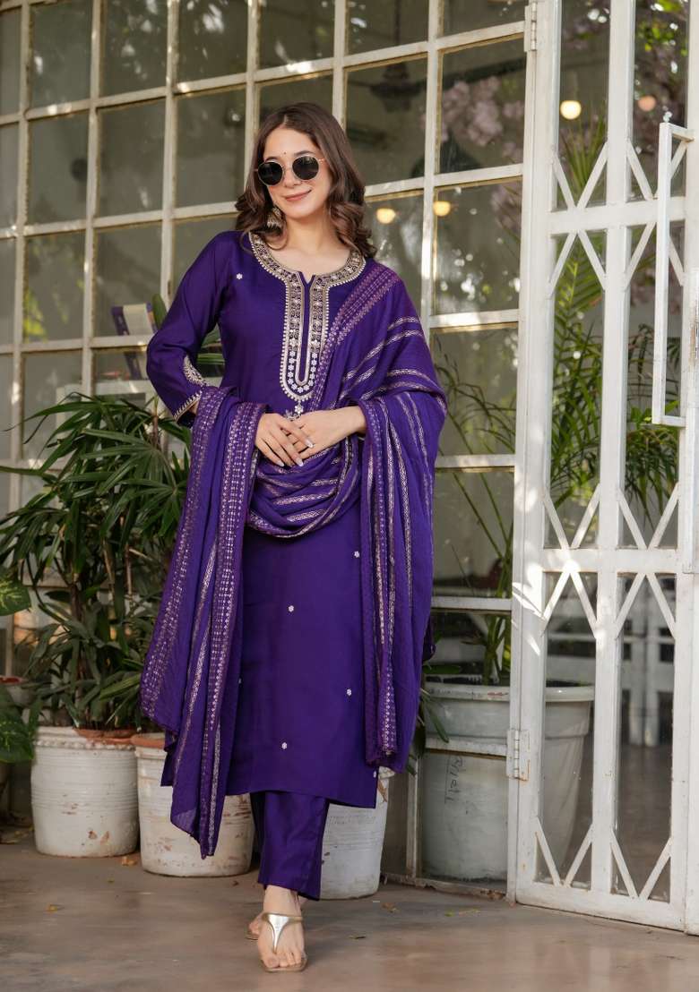Purple Embroidered Viscose Straight Kurta Set - Indya