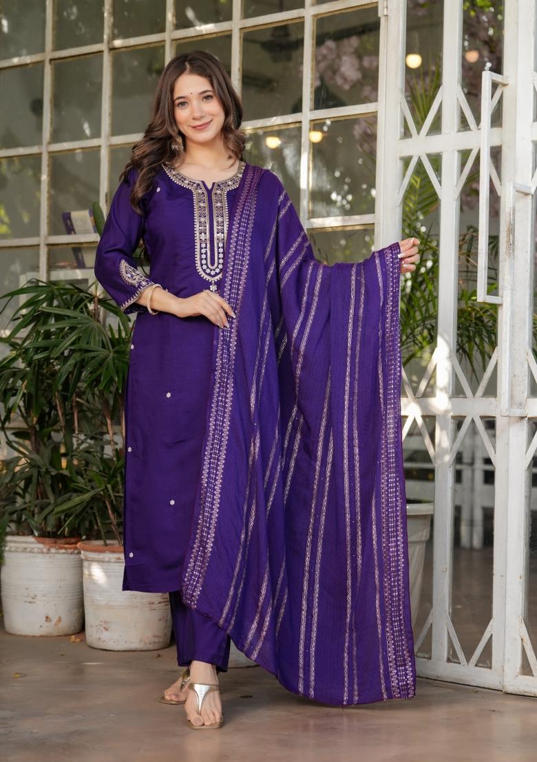 Purple Embroidered Viscose Salwar Kameez With Dupatta