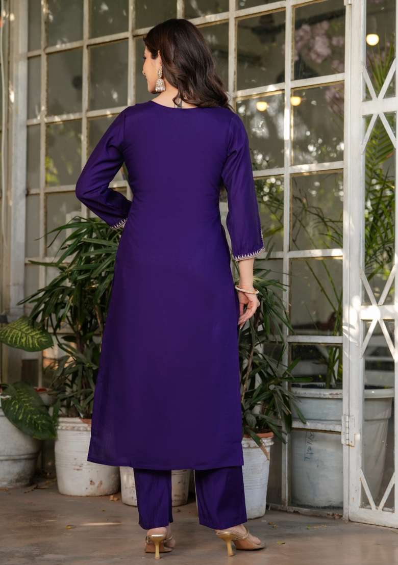 Purple Embroidered Viscose Straight Kurta Set - Indya