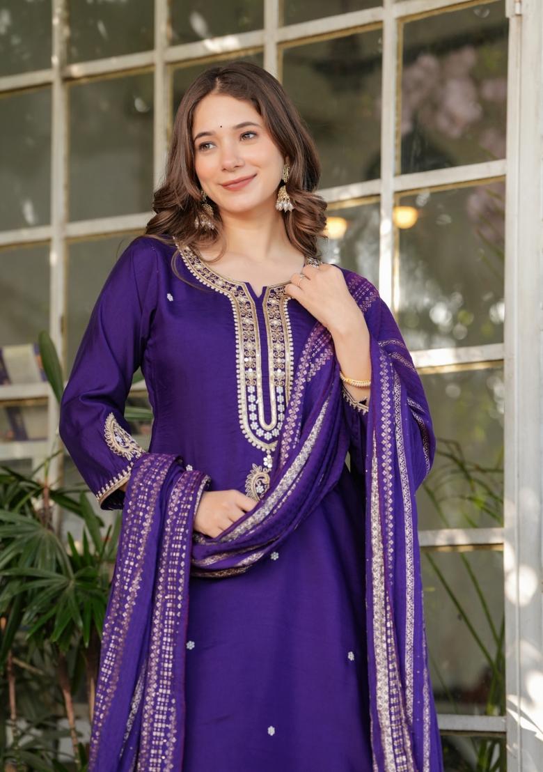Purple Embroidered Viscose Salwar Kameez With Dupatta