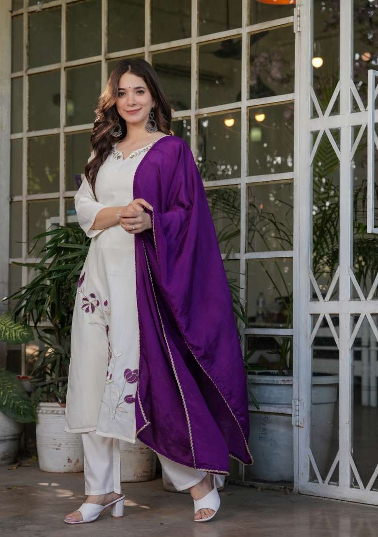 White Embroidered Viscose Straight Kurta Set - Indya