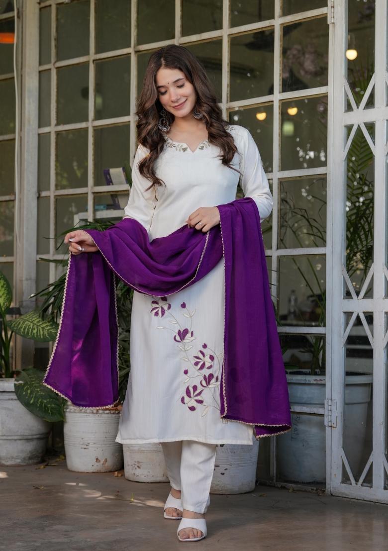 White Thread Work Viscose Salwar Kameez With Dupatta