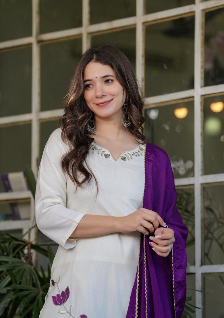 White Thread Work Viscose Salwar Kameez With Dupatta