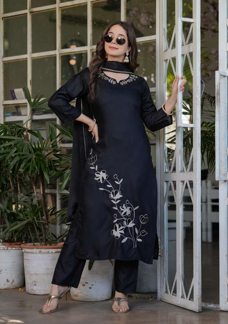 Black Embroidered Viscose Straight Kurta Set - Indya
