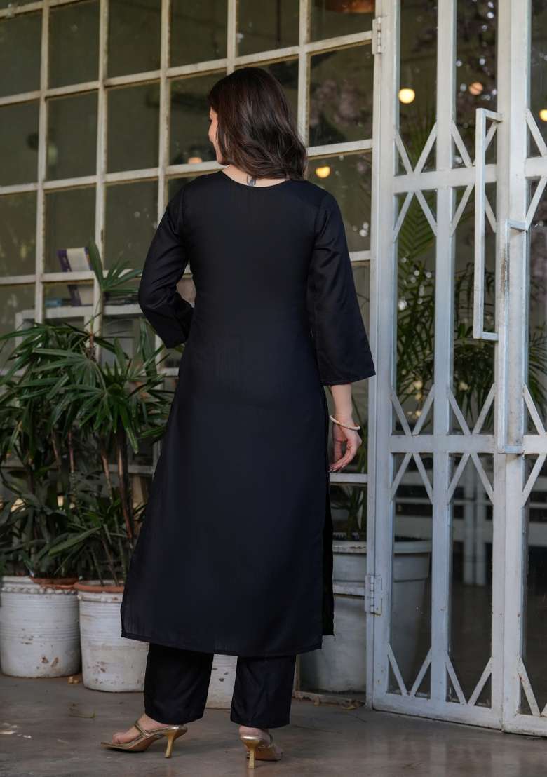 Black Embroidered Viscose Straight Kurta Set - Indya