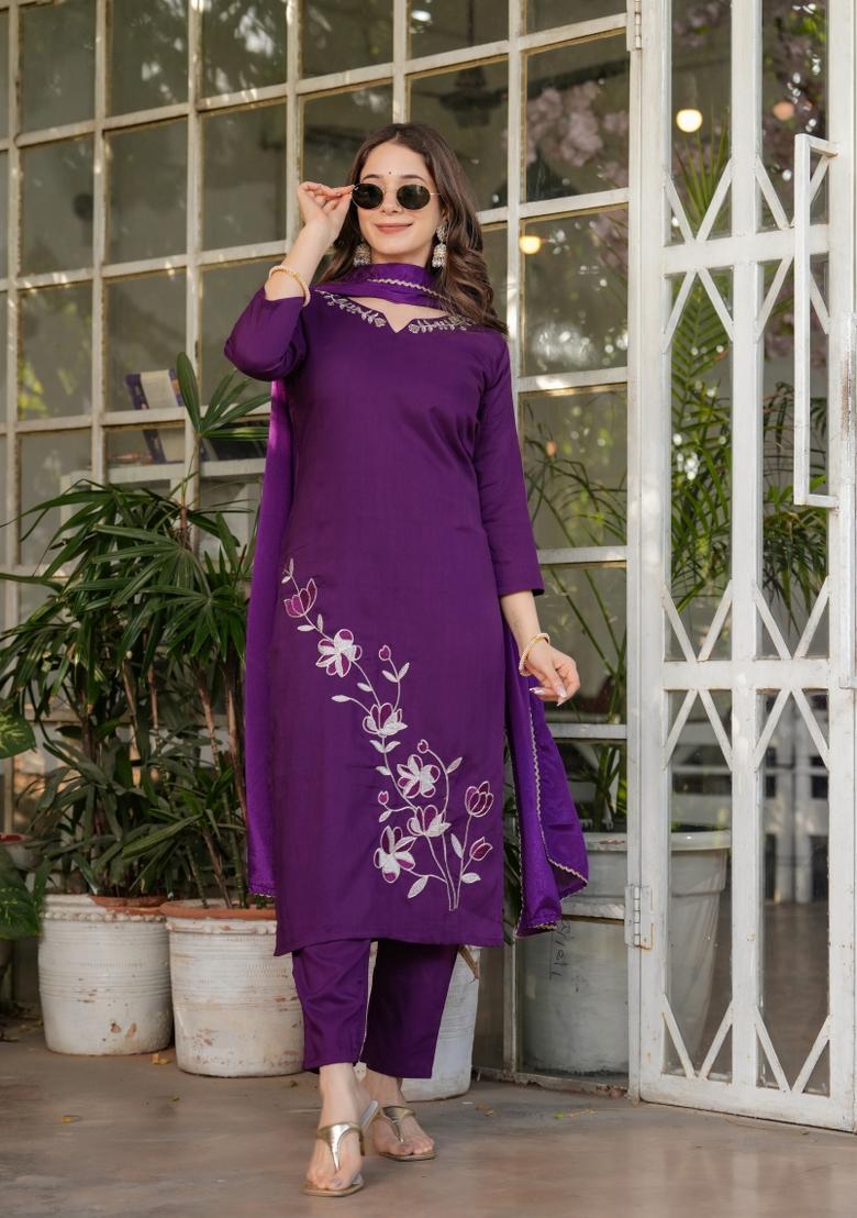 Purple Thread Work Viscose Salwar Kameez With Dupatta