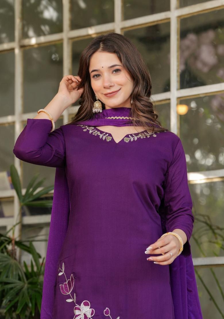 Purple Thread Work Viscose Salwar Kameez With Dupatta