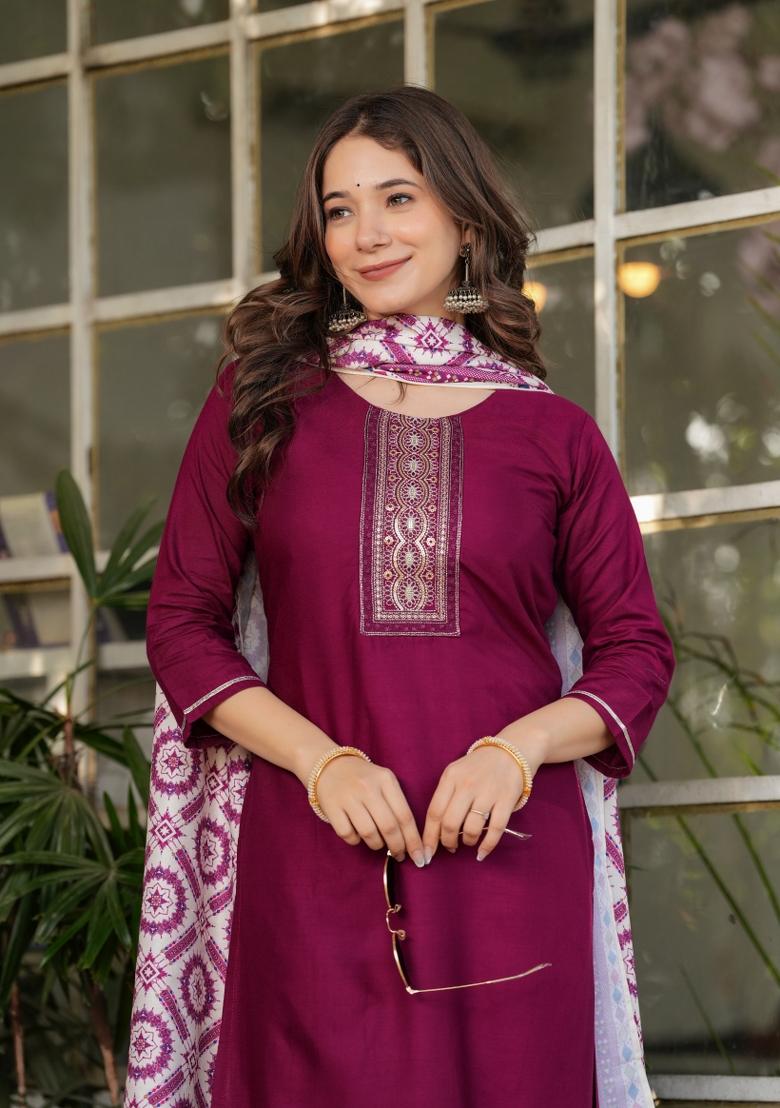 Maroon Embroidered Rayon Salwar Kameez With Dupatta