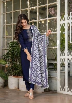 Navy Blue Embroidered Rayon Salwar Kameez With Dupatta
