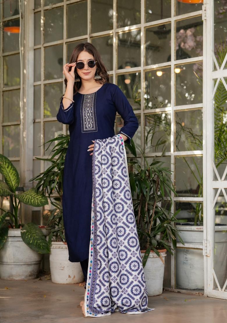 Navy Blue Embroidered Rayon Salwar Kameez With Dupatta