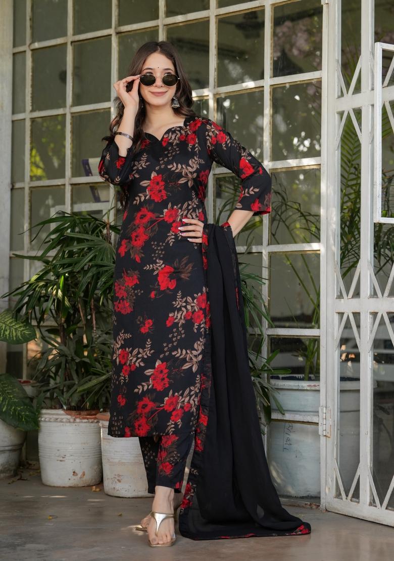 Black Printed Silk Salwar Kameez With Dupatta