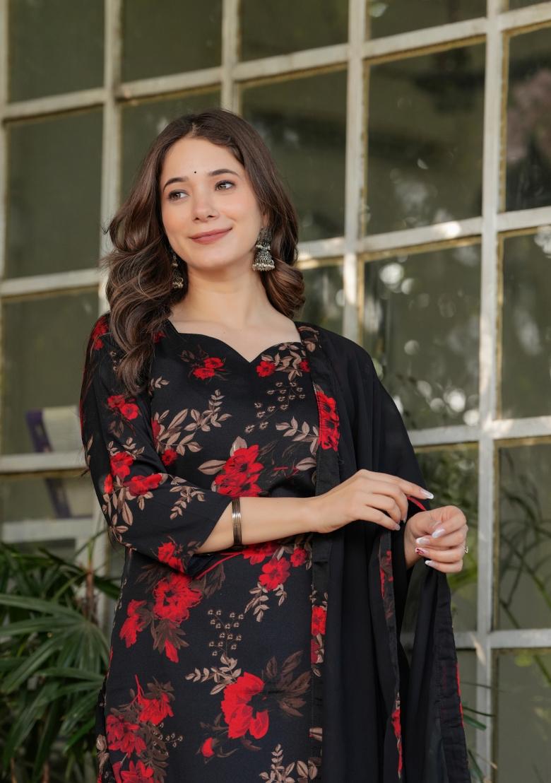 Black Printed Silk Salwar Kameez With Dupatta