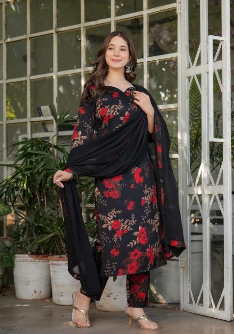 Black Printed Silk Salwar Kameez With Dupatta