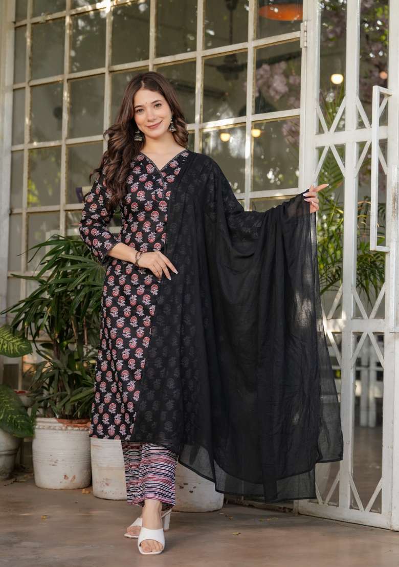 Black Printed Cotton Straight Kurta Set - Indya
