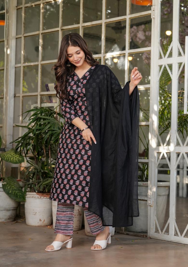Black Printed Cotton Salwar Kameez With Dupatta