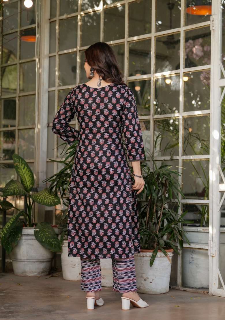 Black Printed Cotton Straight Kurta Set - Indya